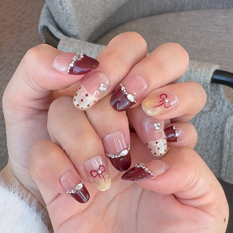 ボルドーハート×シアーミルクベージュ｜大人可愛い上品ネイルチップ[na0003]