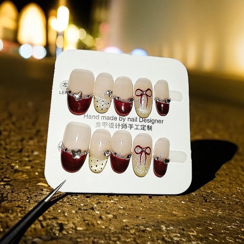 ボルドーハート×シアーミルクベージュ｜大人可愛い上品ネイルチップ[na0003]