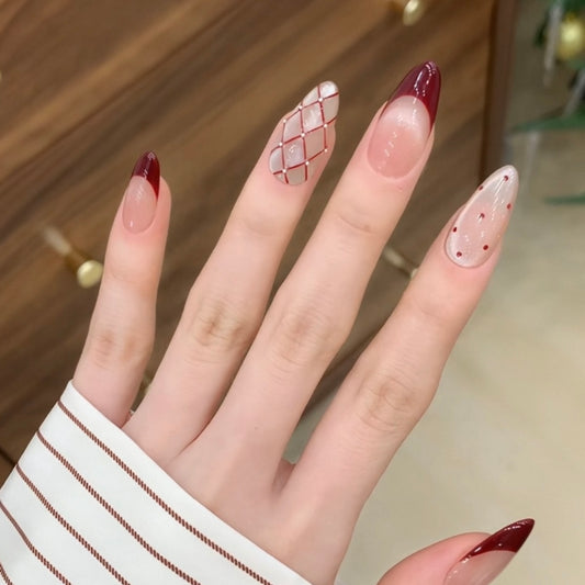 ワインレッドフレンチ×ミルクベージュ｜大人可愛い上品ネイルチップ[na0012]