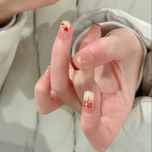 ボルドーレッド×ゴールドリボンニュアンス｜甘さを添えた上品ネイルチップ[na0022]