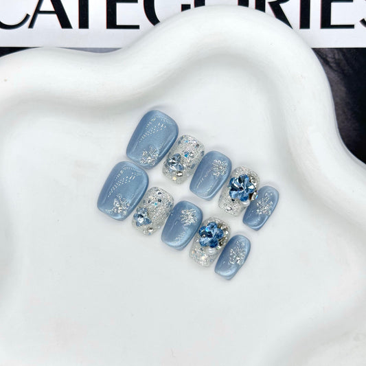 ダスティブルー×スノーフレークジュエリー｜凛ときらめく上品ネイルチップ [na0034]