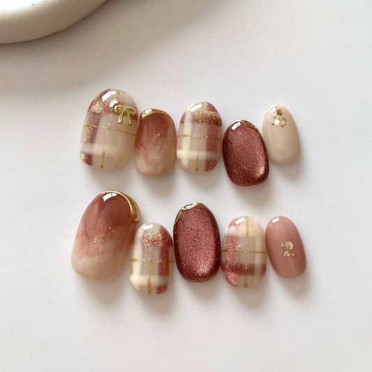 テラコッタブラウン×ツイードチェックニュアンス｜温もりを纏う大人上品ネイルチップ [na0036]