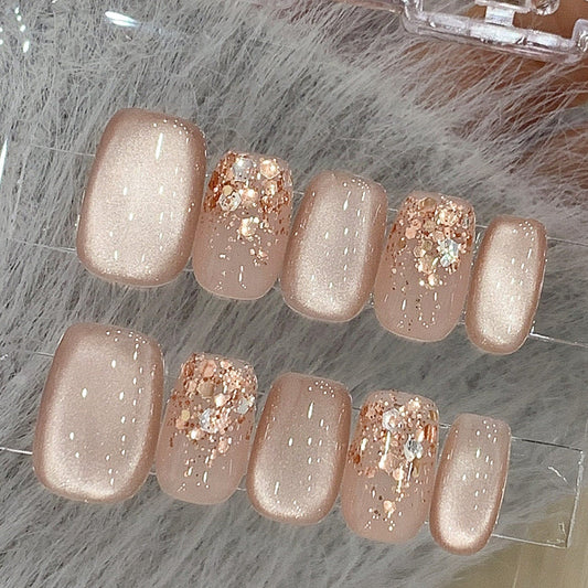 シアーピンク×ローズゴールドラメ｜柔らかく輝く大人上品ネイルチップ [na0028]
