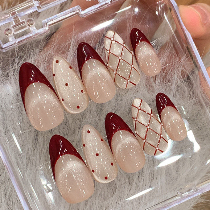 ワインレッドフレンチ×ミルクベージュ｜大人可愛い上品ネイルチップ[na0012]