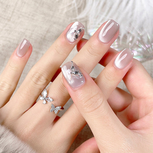 シアーグレージュ×オーロラバタフライ｜上品きらめきネイルチップ [na0071]