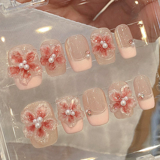 シアーピンク×フラワーパールニュアンス｜可憐に咲く上品ネイルチップ [na0029]