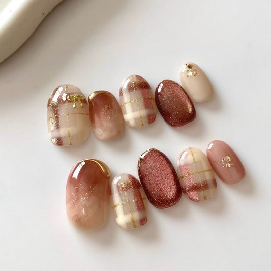 テラコッタブラウン×ツイードチェックニュアンス｜温もりを纏う大人上品ネイルチップ [na0036]