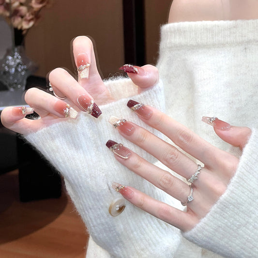 シアーピンク×ボルドーフレンチジュエリー｜気品漂う大人上品ネイルチップ [na0042]
