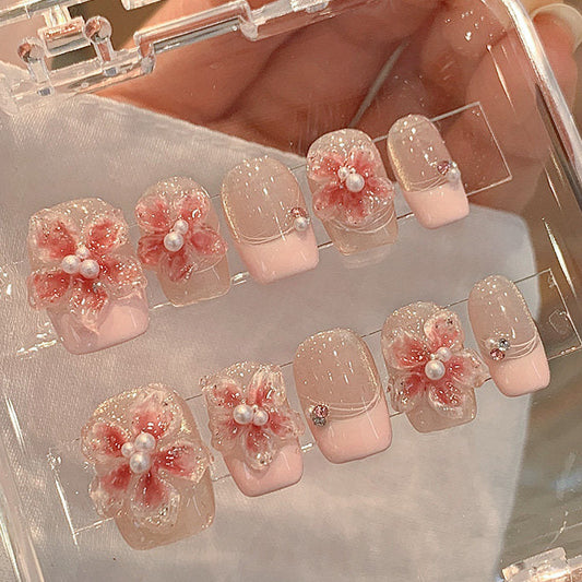 シアーピンク×フラワーパールニュアンス｜可憐に咲く上品ネイルチップ [na0029]