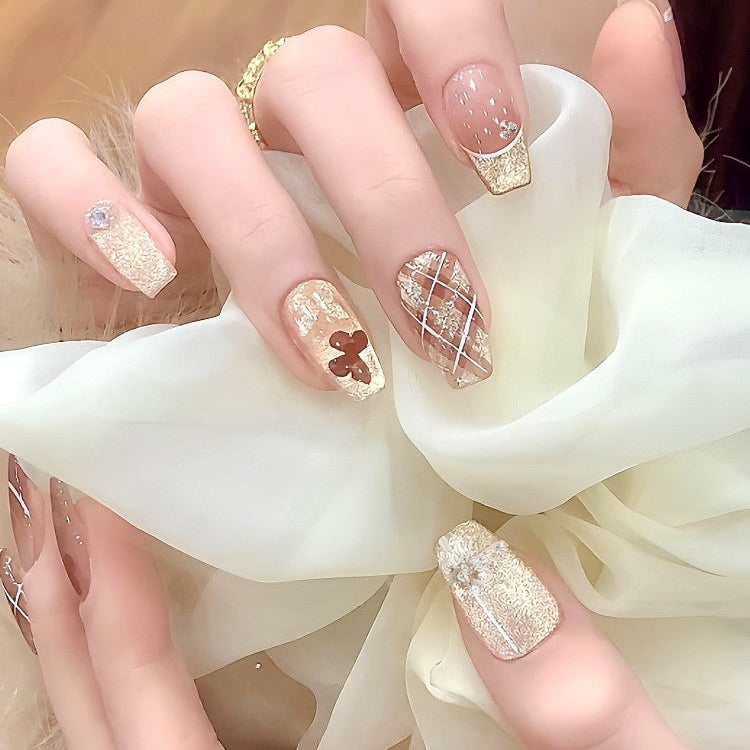 シアーベージュ×ゴールドツイードニュアンス｜華やぎを添える上品ネイルチップ [na0025]