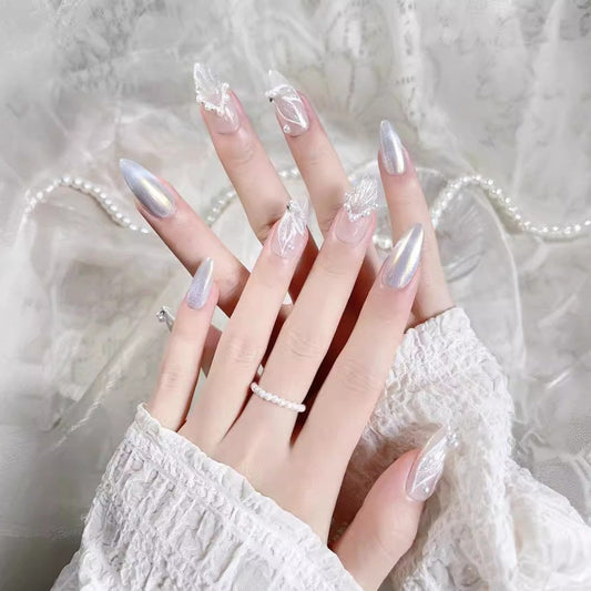 オーロラシルバー×パールビジュー｜輝くラグジュアリーネイルチップ [na0067]