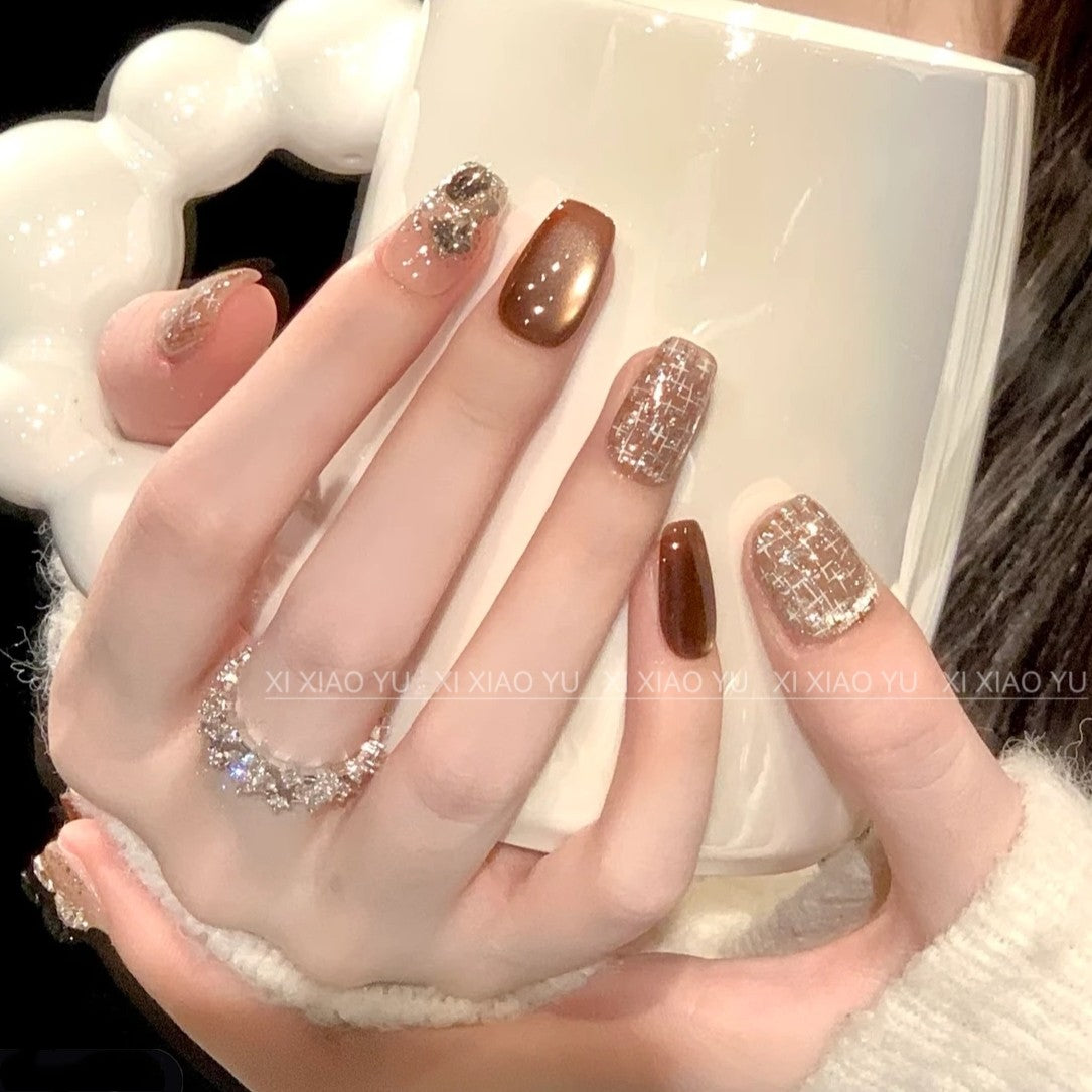 ブロンズブラウン×ツイードラメ｜深み艶めく大人モードネイルチップ [na0052]