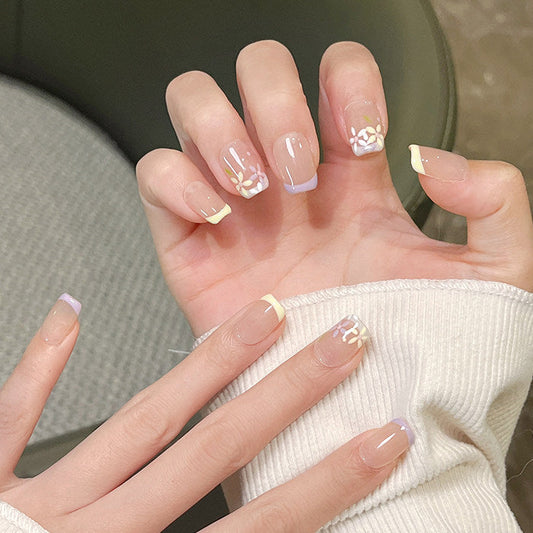シアーベージュ×パステルフレンチ｜小花刺繍デザインネイルチップ [na0063]