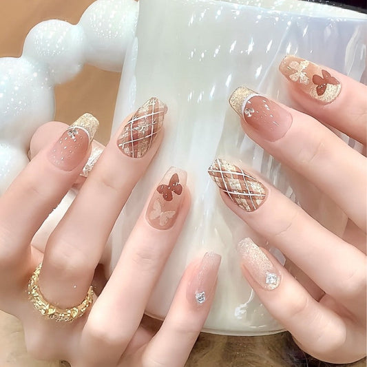 シアーベージュ×ゴールドツイードニュアンス｜華やぎを添える上品ネイルチップ [na0025]