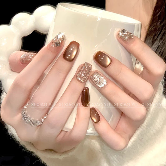 ブロンズブラウン×ツイードラメ｜深み艶めく大人モードネイルチップ [na0052]